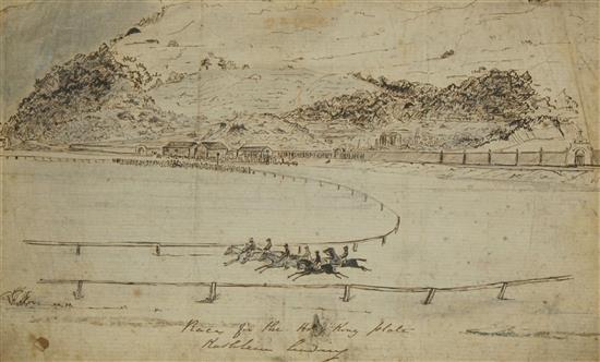 English School c.1850 Early view of Hong Kong racecource; Race for the Hong Kong plate, 6 x 9.75in., unframed